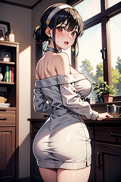 masterpiece, yor, 1girl, Amazing Cleavage:1.3, thin waist, big ass, Raised sexy, medium breast: 1.2 posed cleavage:1.2、solo, looking at viewer, open mouth, have a cup of coffee,black hair, red eyes, dress, bare shoulders, jewelry, collarbone, sidelocks, hairband, earrings, indoors, off shoulder, :o, sweater, arms behind back, plant, short hair with long locks, white hairband, off-shoulder dress, sweater dress, off-shoulder sweater, red sweater, big side hair, very long side hair,is rendered in (masterpiece: 1.2, best quality), with (ultra high resolution) and an exquisite (depth of field). This masterpiece is not only visually stunning but also tells, make of cake cooking ,in the kitchen