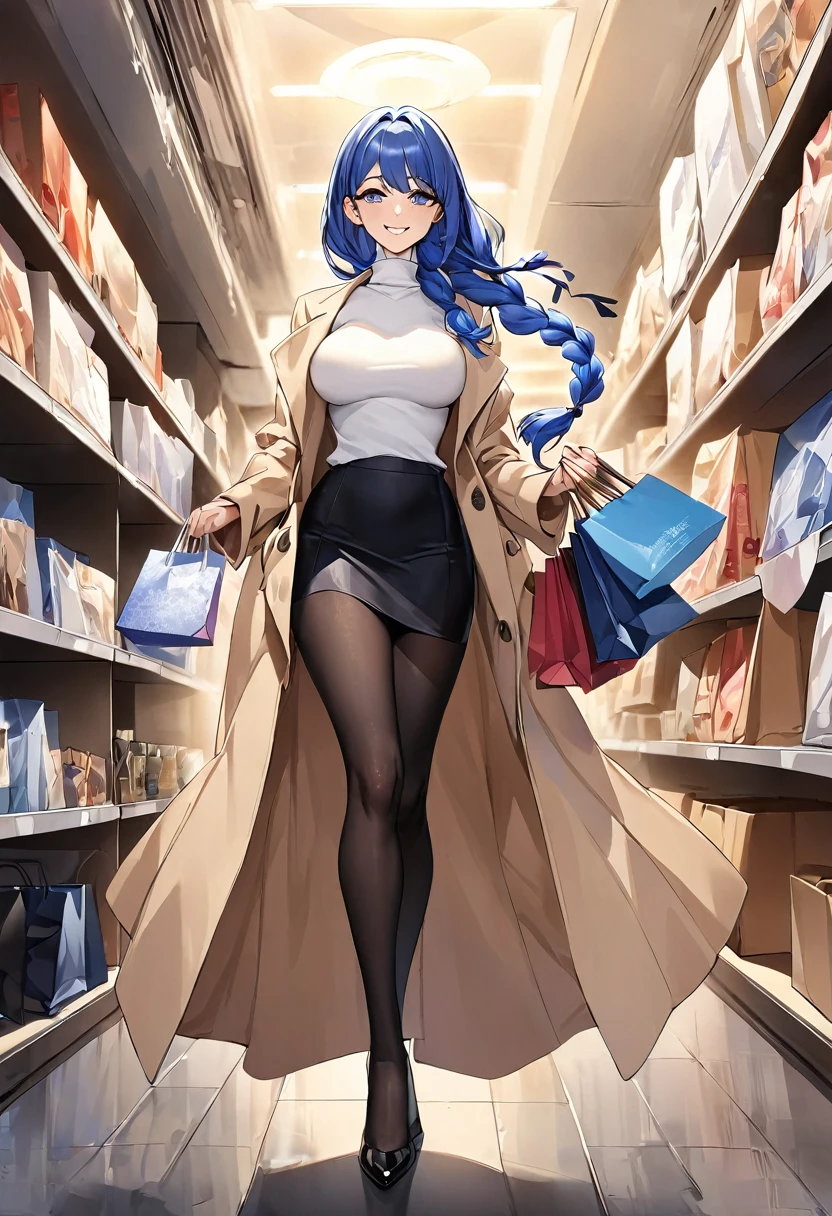 masterpiece、highest quality、Ultra-high resolution、Maximum resolution、Very detailed、Professional Lighting、anime、Adult women、thin、so beautiful、smile、Beige long coat、White turtleneck sweater、Black tight skirt。Black high heels、Blue Hair、Long hair in braids、Only one braid allowed、Blue Eyes、sexy、Returning home with shopping bags、Draw the whole body