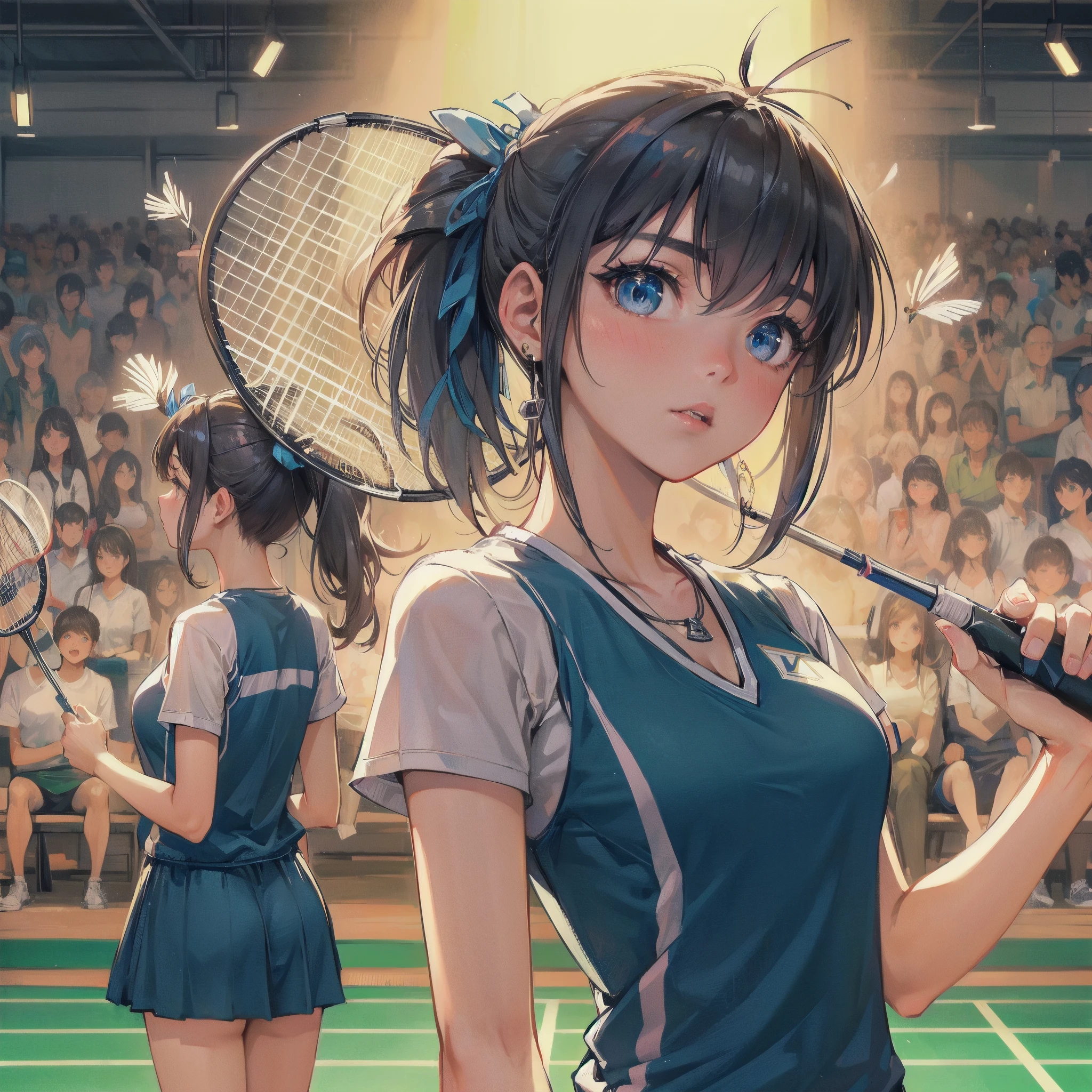 high quality,HD,16k,sharp lines,1 girl,Female badminton athlete ,cute face, large breasts, nice legs,At the badminton venue,focus girl,detailed beautiful face,detailed clothes,beautiful eyes,cool,dynamic angle