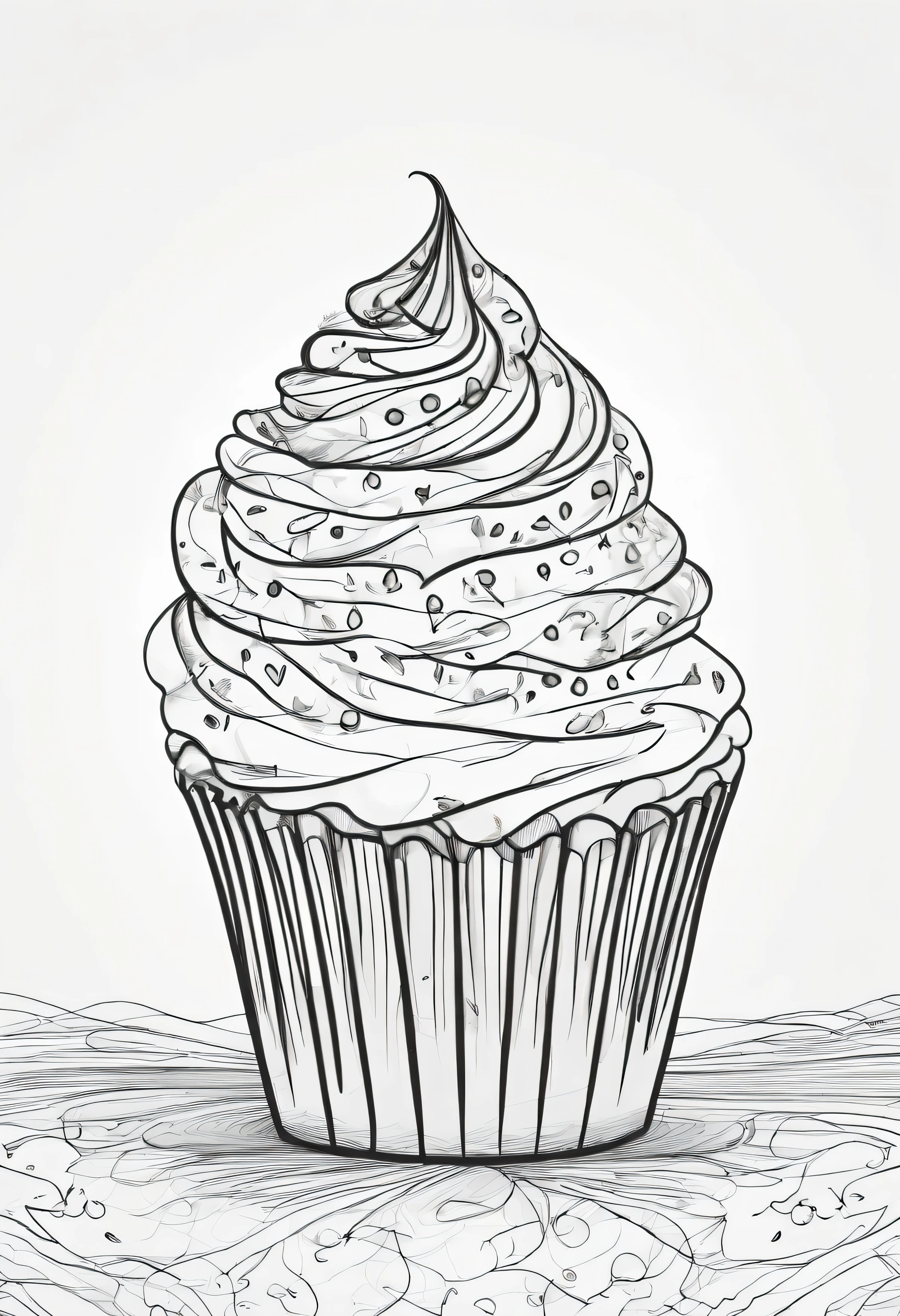 A whimsical cupcake adorned with frosting and sprinkles, line art, coloring pages, hand-drawn, high quality