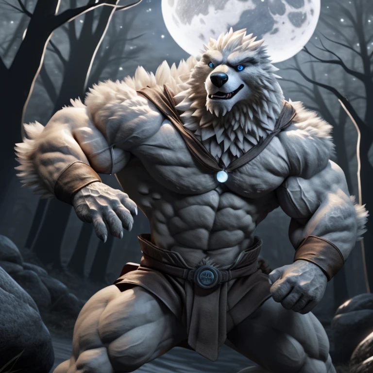 (High contrast, dynamic scene: eagle man vs white werewolf, 1:1, full body, detailed description, highest quality, masterpiece, ultra realistic, eagle man - muscular, eagle head with piercing golden eyes, sharp feathers, white bodysuit revealing toned physique, intense focus and animated expression, werewolf - furry, white fur covering every inch, intricately detailed, piercing blue eyes, elongated snout, bulging muscles, defensive stance, slight smile revealing sharp canines)
In the heart of a moonlit forest, two powerful beings face off against each other in an epic showdown. The eagle man, a muscular and ag