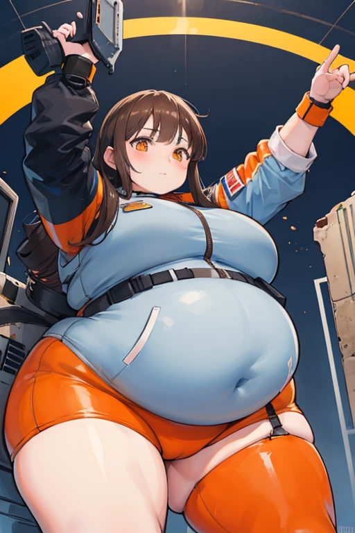 Fighter pilot girl, chubby, brown hair, orange eyes, flights suit, obese, fat, bbw, fat rolls