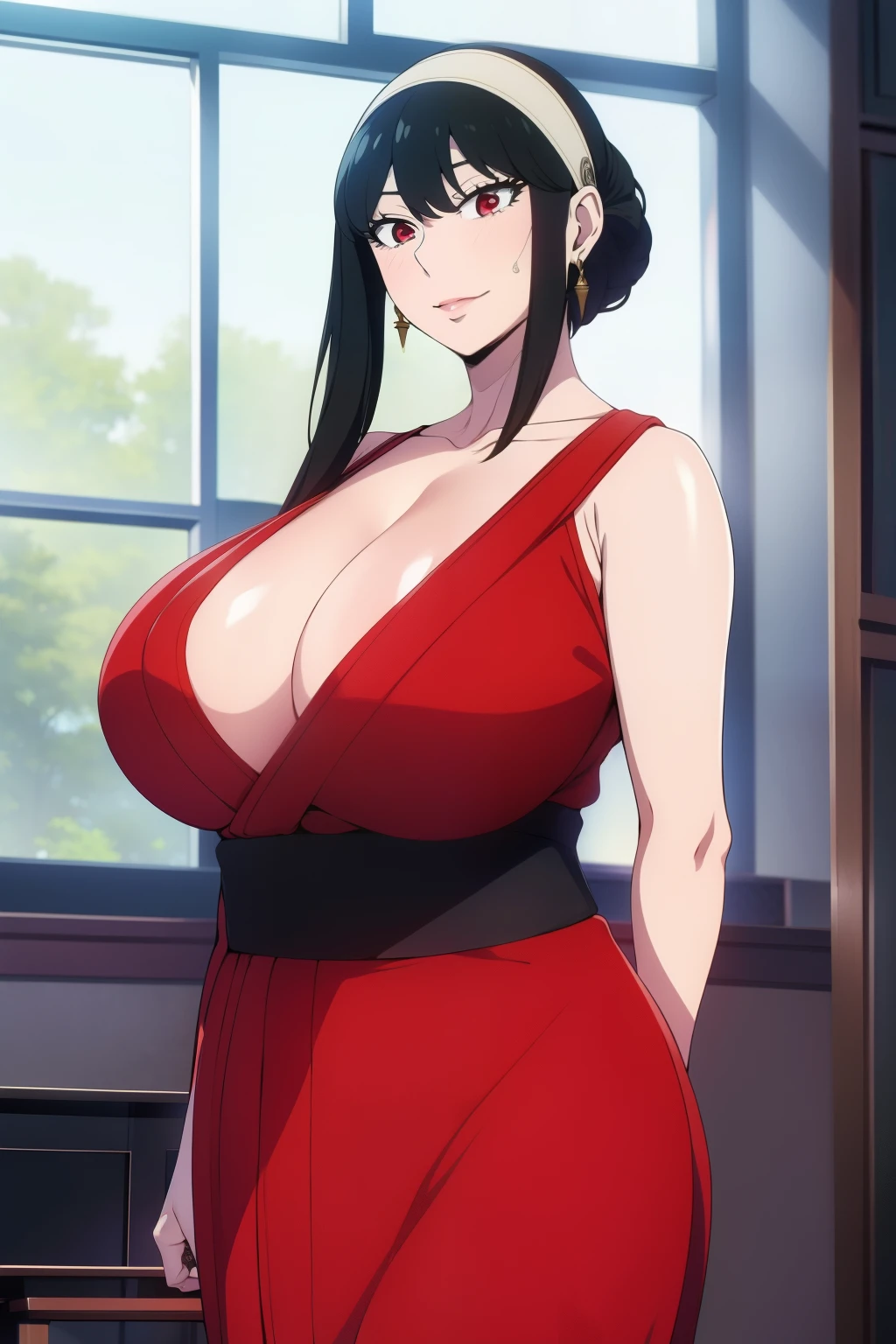 An anime-style artwork depicting yor from the anime spy x family
Tags: Yor Forger, holding, black hair, (shot kimono:1.1), hairband, sidelocks, looking at viewer, bare shoulders, standing, earrings, short hair with long locks, jewelry, closed mouth, bangs, anime, detailed eyes, detailed lips, ass, 1girl, red eyes, (black hair:1.1), solo, huge breasts, smiling expression, intense gaze, dynamic pose, indoor, palace, vibrant colors, digital art, high-resolution, professional quality, gigantic breasts, cleavage), curvy, cowboy shot, (gigantic breasts: 1.4),
