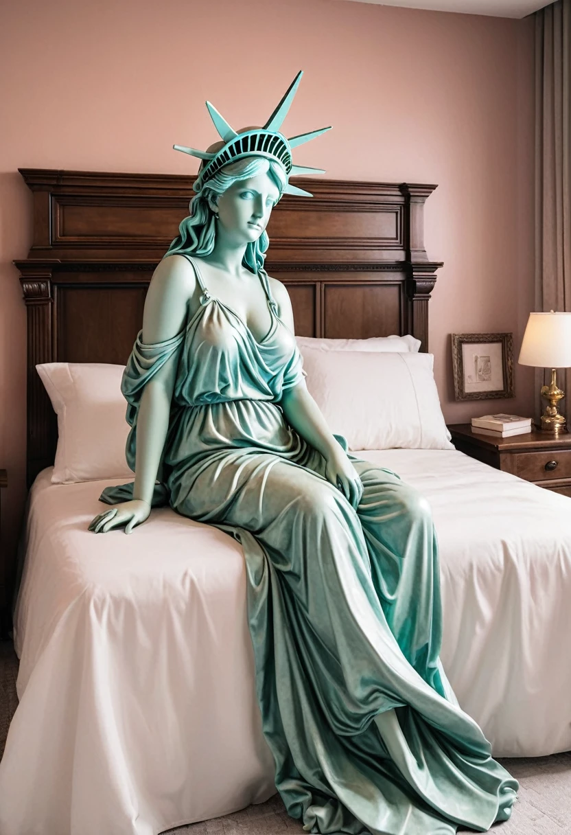 statue of liberty sitting on a bed with a wooden headboard, baroque vaporwave、Sexy Statue of Liberty cosplay、America、Extremely high detail




