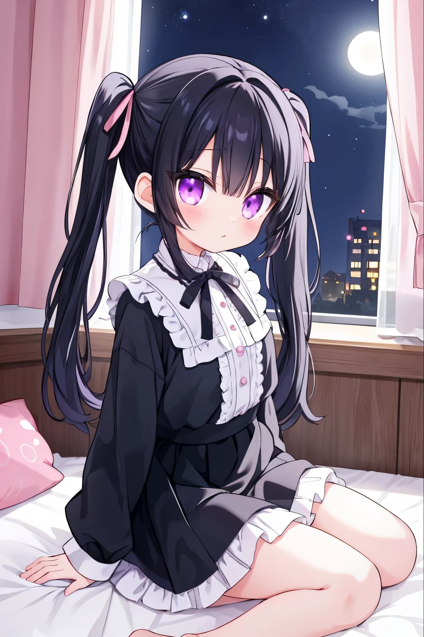 Black Hair、Twin tails、A little bold and cute black outfit、mini skirt、Hair tie with pink ribbon、Purple eyes、Sparkling、Looking up、Frilly clothes、Watery eye、On the bed、Window、Sitting、The moonlight shines from behind、night