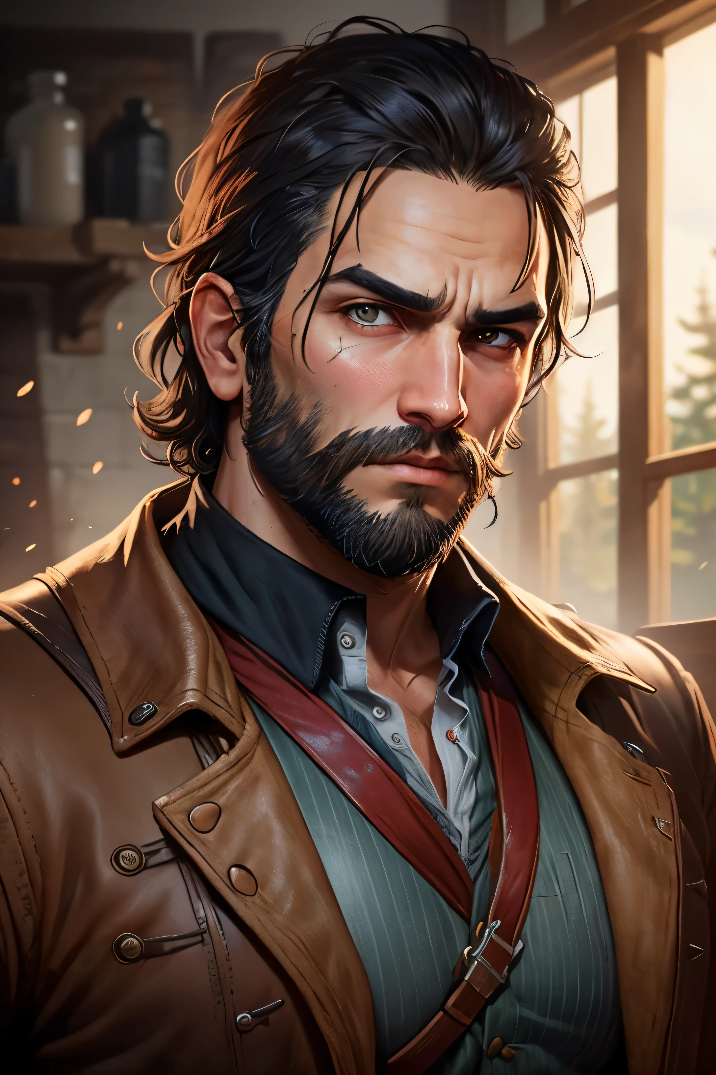 make the face of a man with Indian features, cabelos e olhos pretos curtos ondulados, barba sem corte e fina, serious look.Red Dead Redemption 2