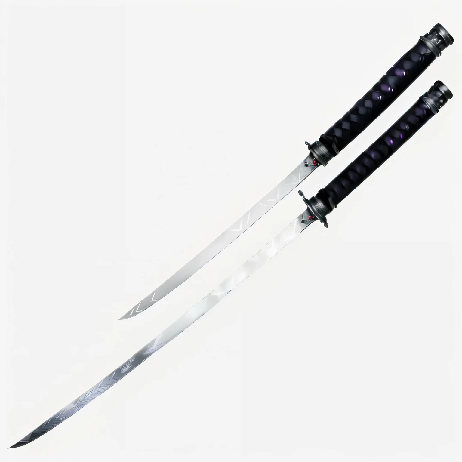 two black and white samurai swords with a black handle, swinging reflective katana, katana, katana zero, shining silver katana sword, chainsaw sword katana, dual swords, katana in hand, katana scabbard, lightsaber katana, two swords, basic steel sword, holding a black katana, style of ghost blade, purple flames, purple details