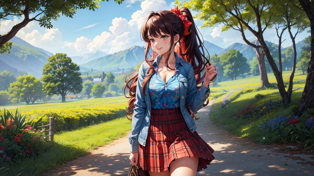 1girl, full body, summer, village, trees, sun, clouds, ((colorful hair)), long hair, curly hair, ponytail, large breasts, button down shirt, ((blue floral pattern shirt)), ((unbuttoned shirt)), unbuttoning buttons, popping buttons, cleavage 1:3, brown eyes, ((opened denim jacket)), ((red black skirt)), smile, looking at the viewer, touching neck, standing, hair ribbon, golden necklate