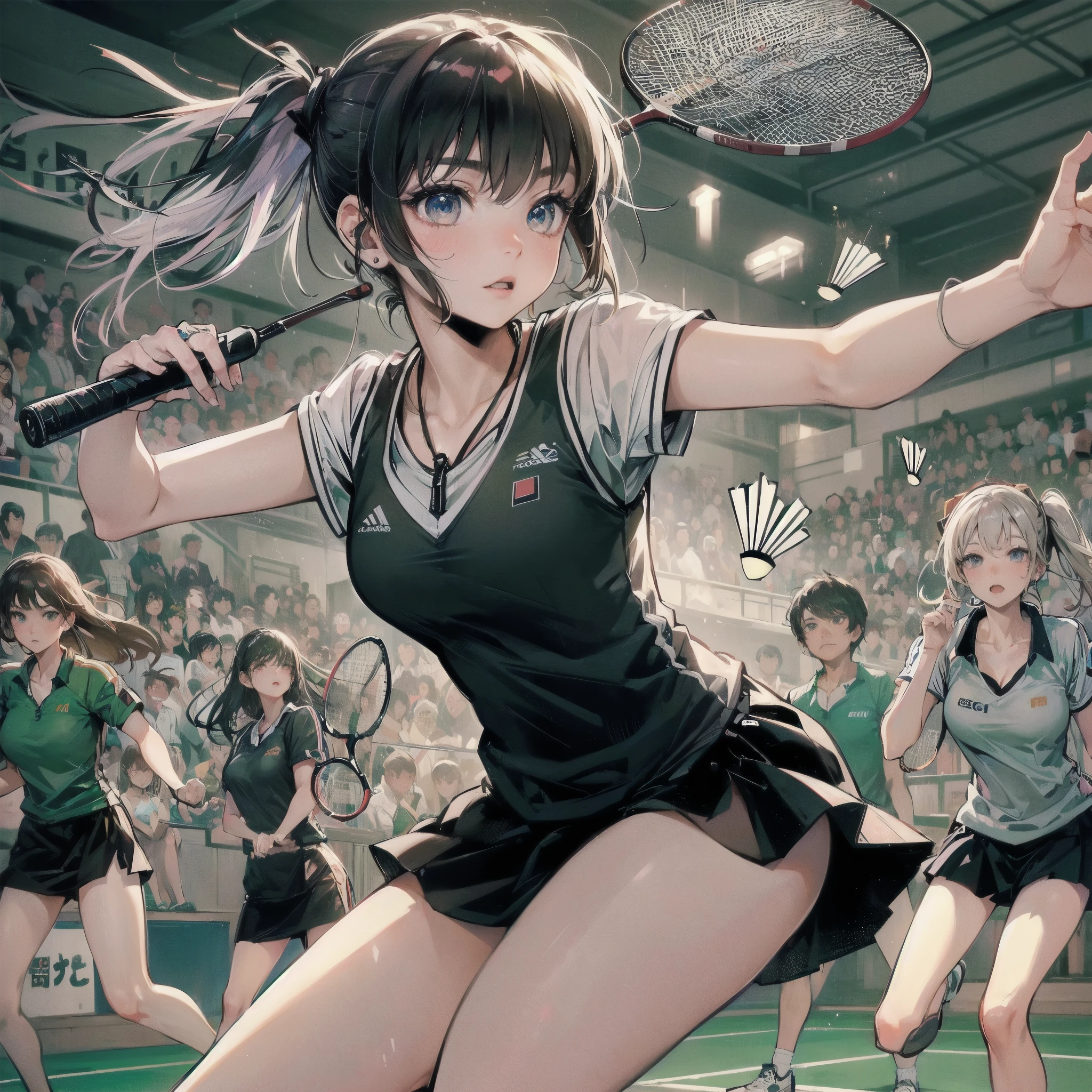 high quality,HD,16k,sharp lines,1 girl,Female badminton athlete ,cute face, large breasts, nice legs,At the badminton venue,focus girl,detailed beautiful face,detailed clothes,beautiful eyes,cool,dynamic angle