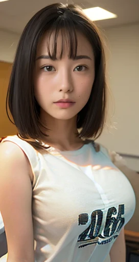 (highest quality,masterpiece:1.3,Ultra-high resolution,),(Very detailed,Caustics),(Photorealistic:1.4,RAW shooting,)Ultra-Realistic Capture,Very detailed,High resolution 16K human skin closeup。 Natural skin texture、,Pores、、、It must be detailed enough to be easily identifiable。 Skin tone is even and healthy looking。 Use natural light and color,20 years, mature, White T-shirt, Curved body, Huge breasts:2.0, Facing diagonally to the right, Coordinate the valleys