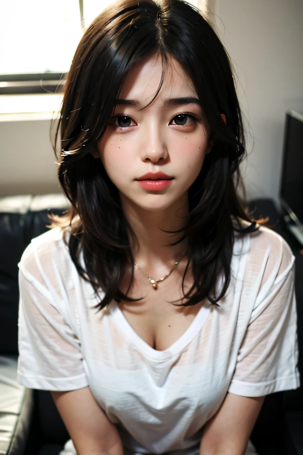 Sexy and cute woman, black brown hair, long hair, straight hair, weak eyes, blushing intensely, lips parted, ready to kiss, long oversized white shirt