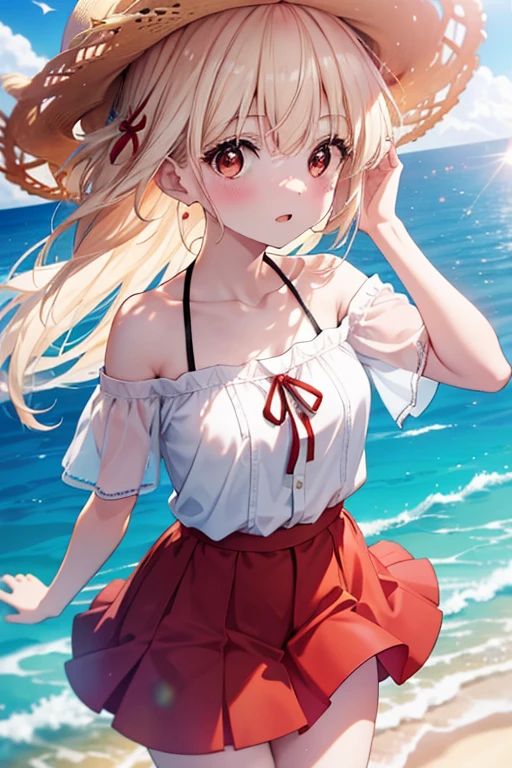 chisatonishikigi, nishikigi chisato,Long Hair , bangs, Blonde, (Red eyes:1.5), ,smile,blush,Open your mouth,Big straw hat,Off-the-shoulder dress,Long skirt,Bare neck,Exposing shoulders,bare clavicle,Grab the skirt with both hands and lift it up,barefoot,Beachの砂浜を散歩しながら,blonde hair swaying in the wind, real summer,Light of the sun,
break outdoors,Beach ,
break looking at viewer, (Cowboy Shot:1.5),
break (masterpiece:1.2), highest quality, High resolution, unity 8k wallpaper, (shape:0.8), (Fine and beautiful eyes:1.6), Highly detailed face, Perfect lighting, Highly detailed CG, (Perfect hands, Perfect Anatomy),