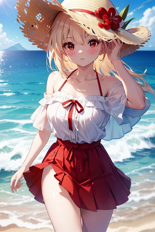 chisatonishikigi, nishikigi chisato,Long Hair , bangs, Blonde, (Red eyes:1.5), ,smile,blush,Open your mouth,Big straw hat,Off-the-shoulder dress,Long skirt,Bare neck,Exposing shoulders,bare clavicle,Grab the skirt with both hands and lift it up,barefoot,Beachの砂浜を散歩しながら,blonde hair swaying in the wind, real summer,Light of the sun,
break outdoors,Beach ,
break looking at viewer, (Cowboy Shot:1.5),
break (masterpiece:1.2), highest quality, High resolution, unity 8k wallpaper, (shape:0.8), (Fine and beautiful eyes:1.6), Highly detailed face, Perfect lighting, Highly detailed CG, (Perfect hands, Perfect Anatomy),