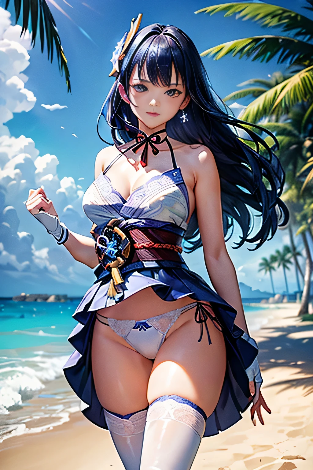 ((Raiden Shogun in Genshin Impact)),((semi long beautiful dark blue hair,beautiful blue eyes)),
Vulgar,(nsfw),(skirt lift),(beautiful elegant black mini skirt and white panties),low angle,from below,((masterpiece, highest resolution,best quality)), (illustration), (solo),(beautiful elegant flower printed summer mini dress),(walking around the beach),(looking at the viewer), ((elegant beautiful white string tied panties)),
innocent smile, white over-kneehighs,Lace chalker, wristband, fingerless gloves, over-kneehighs,
Lace chalker, diamond necklace,wristband, fingerless gloves, earrings, very windy,cinematic lighting and pause,, beach, sand, blue sky, waves, coconut tree,
