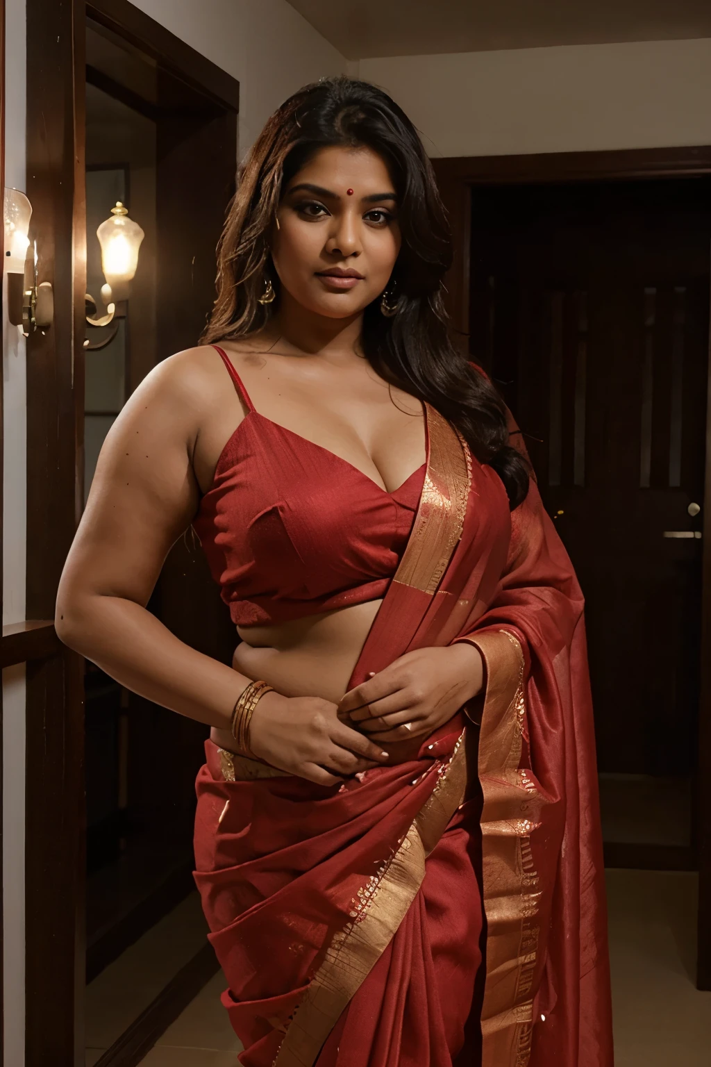 very fat indian woman age 45 wearing red wedding saree