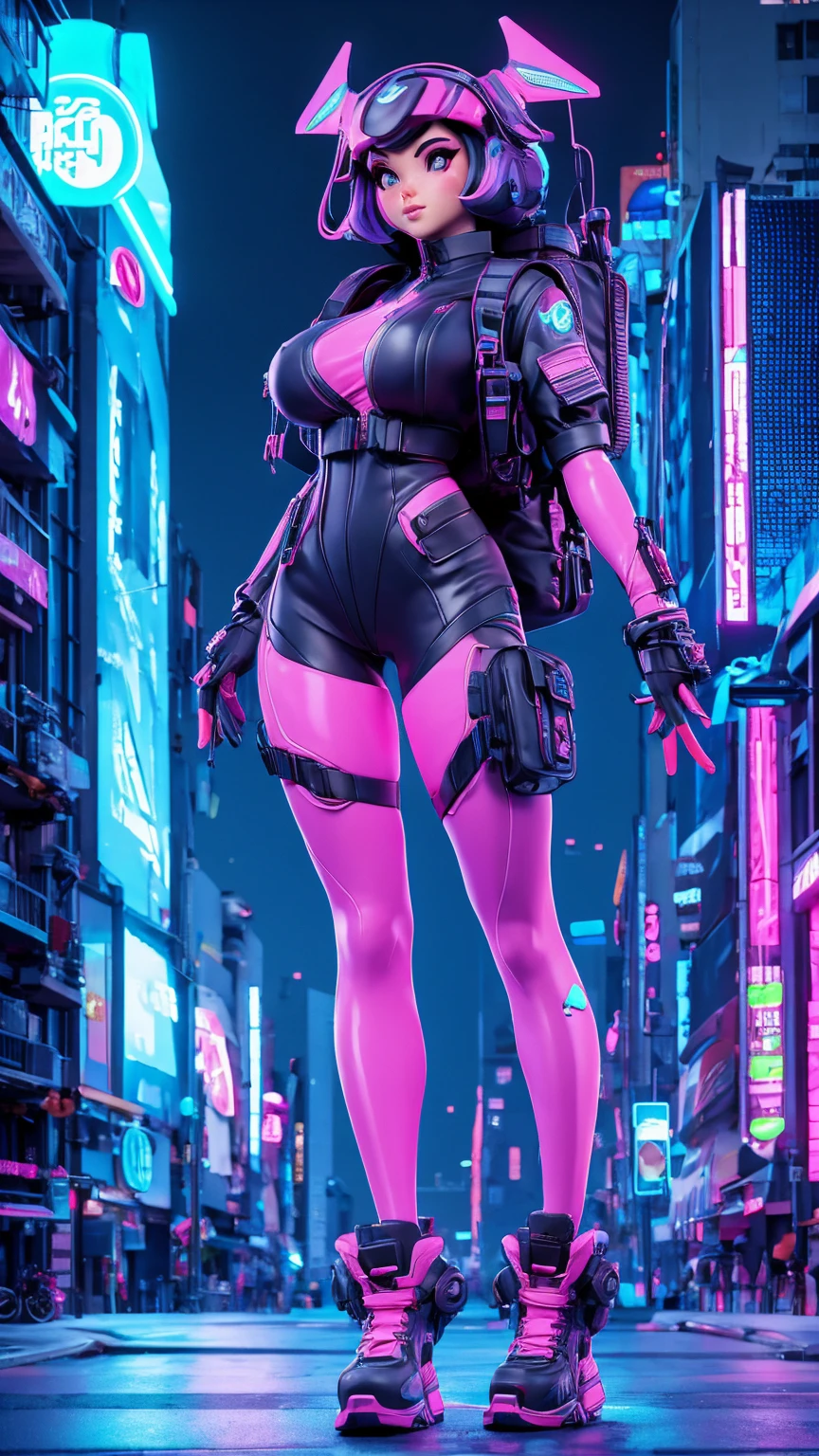 A girl in a tights backpack cyberpunk futuristic city street, Neon, Skyscraper animation style character design concept big breasts expansion 3d