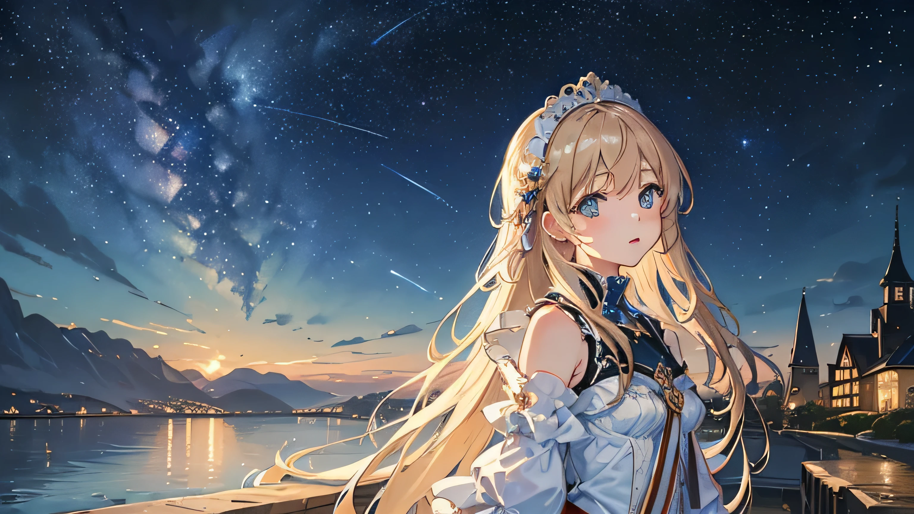 High-quality masterpiece, high detail, landscape, size 1920x1080, riverside, sparkling starry sky, nighttime, picsi, concept-art, Lofi art style, charming girl long hair,