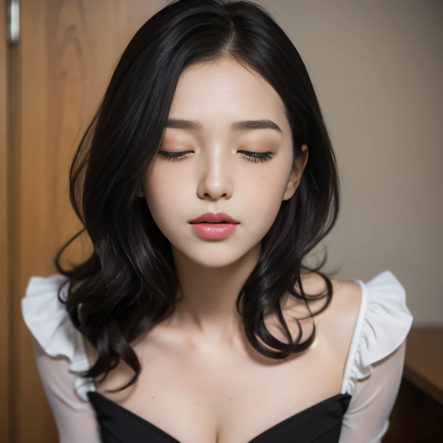 Beautiful woman, elegant woman, sexy woman, beautiful woman, short woman, black long curly hair, square face, square glasses, lots of freckles, perfect lips parted, blushing intensely, flustered, lustful, elegant dress, glow up, empty class room, pinned against the wall