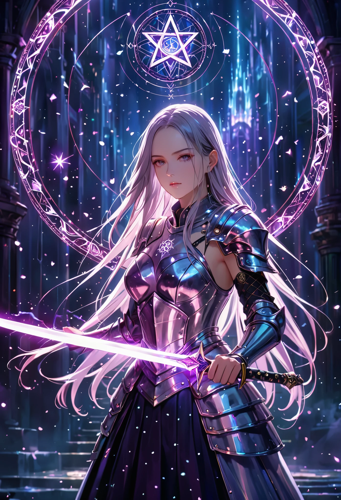 (best quality, masterpiece:1.2), ultra-detailed, a huge glowing sword, ancient glowing symbols on the blade, a girl wearing armor, Cuvry Pose,Dynamic Action，long flowing hair, silver armor,  electric arc hexagram magic circle background, magical effects, detailed magic circle, detailed hexagram, intricate sword handle texture, thick breath mist, Surrealism, 4k, 8k, highres, best quality, highres, anatomically correct, textured skin，vivid color,