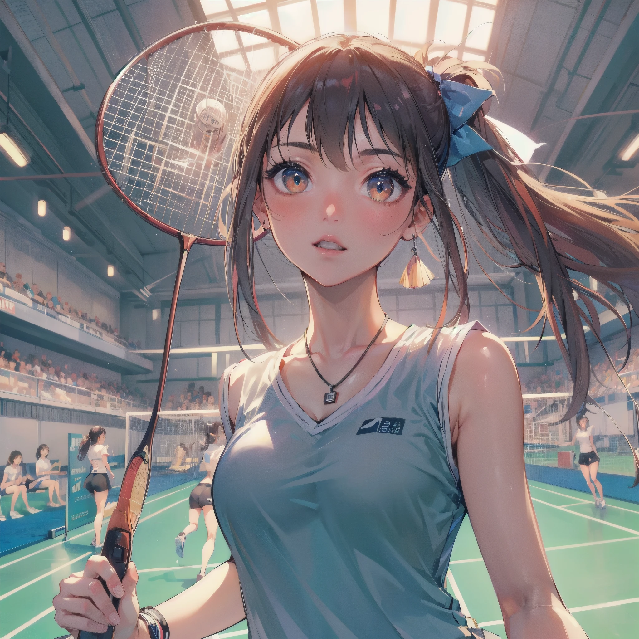 high quality,HD,16k,sharp lines,1 girl,Female badminton athlete ,cute face, large breasts, nice legs,At the badminton venue,focus girl,detailed beautiful face,detailed clothes,beautiful eyes,cool,dynamic angle