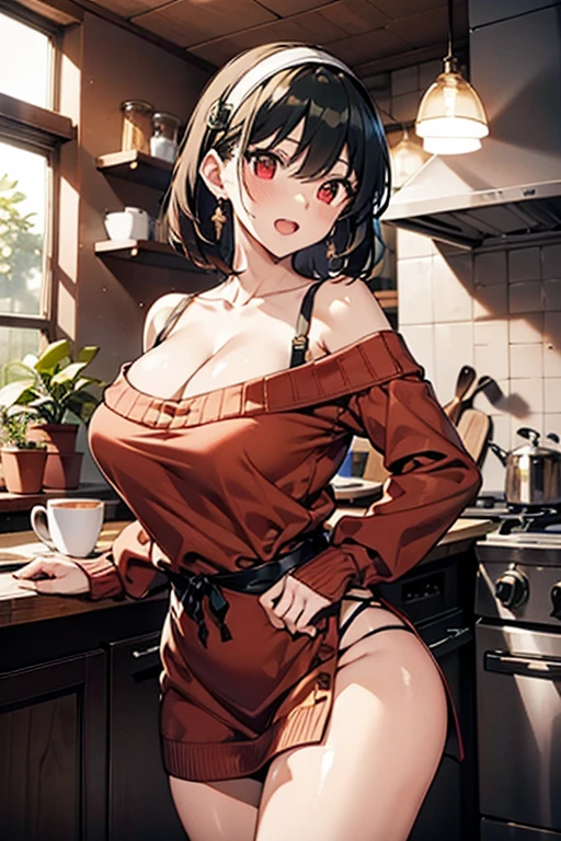 masterpiece, yor, 1girl, Amazing Cleavage:1.3, thin waist, big ass, Raised sexy, medium breast: 1.8 posed cleavage:1.2、solo, looking at viewer, open mouth, have a cup of coffee,black hair, red eyes, dress, bare shoulders, jewelry, collarbone, sidelocks, hairband, earrings, indoors, off shoulder, :o, sweater, arms behind back, plant, short hair with long locks, white hairband, off-shoulder dress, sweater dress, off-shoulder sweater, red sweater, big side hair, very long side hair,is rendered in (masterpiece: 1.2, best quality), with (ultra high resolution) and an exquisite (depth of field). This masterpiece is not only visually stunning but also tells, make of cake cooking ,in the kitchen