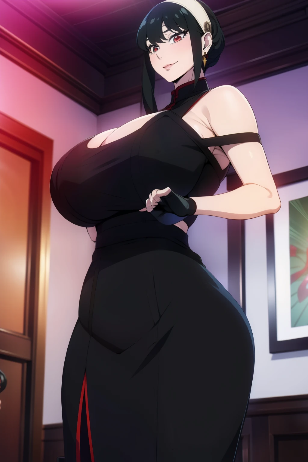 An anime-style artwork depicting yor from the anime spy x family

Tags: Yor Forger, holding, black hair, (chinese dress:1.1), hairband,  sidelocks,  looking at viewer,  bare shoulders, standing,  earrings,  short hair with long locks, jewelry, closed mouth, bangs, anime, detailed eyes, detailed lips, ass, 1girl, red eyes, (black hair:1.1), solo, huge breasts, smiling expression, intense gaze, dynamic pose, indoor, palace, vibrant colors, digital art, high-resolution, professional quality, gigantic breasts, cleavage), curvy, cowboy shot, (gigantic breasts: 1.4),