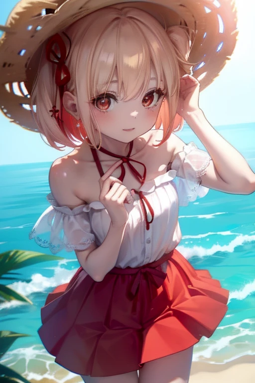 chisatonishikigi, nishikigi chisato,Long Hair , bangs, Blonde, (Red eyes:1.5), ,smile,blush,Open your mouth,Big straw hat,Off-the-shoulder dress,Long skirt,Bare neck,Exposing shoulders,bare clavicle,Grab the skirt with both hands and lift it up,barefoot,Beachの砂浜を散歩しながら,blonde hair swaying in the wind, real summer,Light of the sun,
break outdoors,Beach ,
break looking at viewer, (Cowboy Shot:1.5),
break (masterpiece:1.2), highest quality, High resolution, unity 8k wallpaper, (shape:0.8), (Fine and beautiful eyes:1.6), Highly detailed face, Perfect lighting, Highly detailed CG, (Perfect hands, Perfect Anatomy),