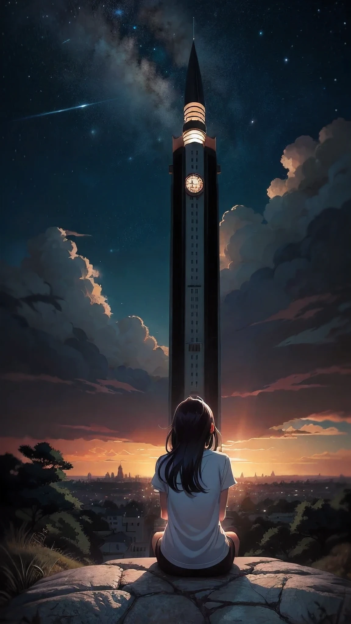 Anime girl sitting on a rock looking at the sky,A tower piercing the sky in the distance, makoto shinkai cyril rolando, anime art wallpaper 4k, anime art wallpaper 4k, Cyril Rolland and Goro Fujita, anime art wallpaper 8k, 4k anime wallpaper, anime wallpaper 4k, anime wallpaper 4k, Thighs、teenage girl