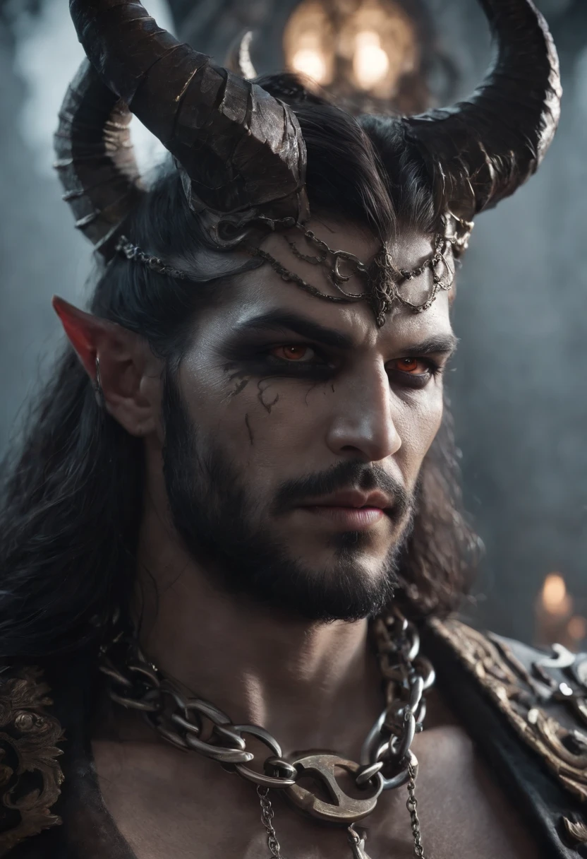 a close up of a demonic looking man with chains around his neck, beautiful male god of lust, demon lord, ornate supreme demon overlord, badass anime 8 k, the god of chaos, anime epic artwork, dark fantasy style art, the former demon king, demon knight of lust, epic fantasy digital art style, king of time reaper, ruler of the demons