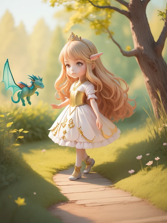 6 year old girl, Little Princess, Various poses and expressions, Children's book illustration style, simple, Lovely, 6 years old, , color, forest, Red long wavy hair, 平滑color, White and gold princess dress, Friendship with Dragons