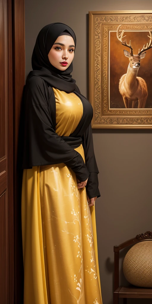 huge breasts,A woman wearing Islamic clothing and a black-yellow Islamic hijab, standing in a room opposite a wall with a natural painting of a deer, a perfect face, red lips and brown eyes.