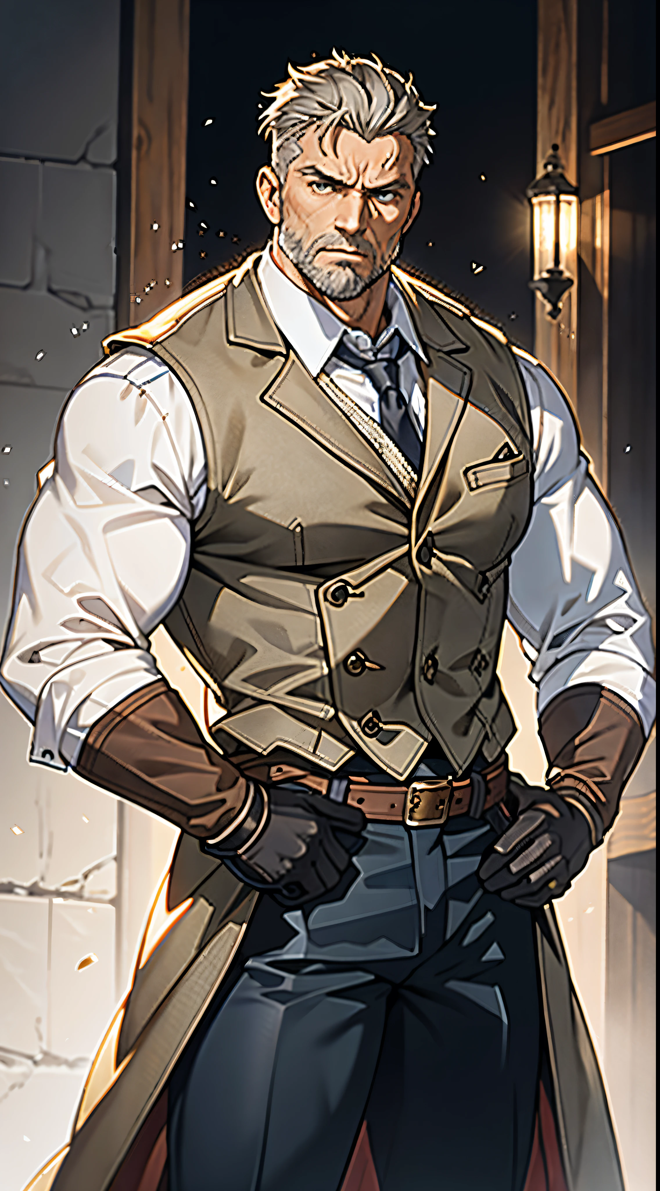 Um homem de meia idade, 50 anos, medium length long gray hair, penteado desgrenhado e espetado, olhar triste, well-defined facial features, barba cheia, a tall, muscular physique, a simple two-piece fantasy-realism style outfit, a comfortable, light yellow t-shirt, um casaco longo sem mangas, Luvas compridas, thick cloth pants, bowing your head in regret on a dark battlefield, este personagem incorpora artes marciais realistas de fantasia finamente elaboradas no estilo anime, exquisite and mature manga art style, High definition, melhor qualidade, high resolution, ultra-detalhado, Pintura ultrafina, extremamente delicado, profissional, Anatomicamente Correto, symmetrical face, olhos e rosto extremamente detalhados, olhos de alta qualidade, criatividade, foto crua, Ultra HD, 8k, Luz natural, cinematic lighting, obra de arte-anatomy-perfect, obra de arte:1.5