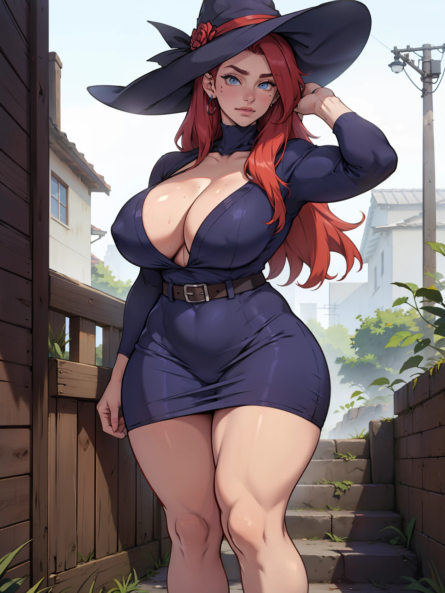 standing high waist blue eyes detailed alone, colado ao corpo ((feiticeira madura musculosa)) corpo tonificado seios enormes olhos azuis cabelo roxo grande pele clara, vestido grande pretas, corpo inteiro, detalhado 4k, huge tits, olhar misterioso, big witch hat,
