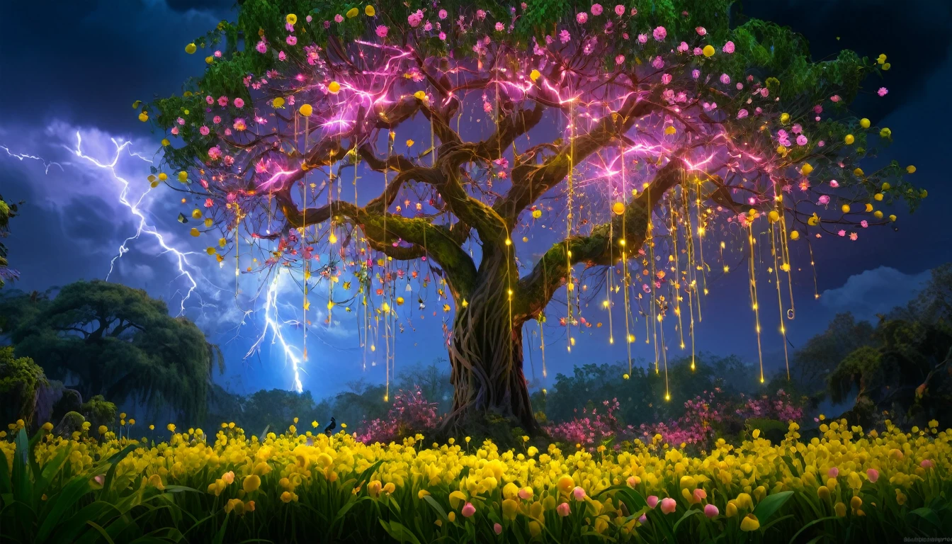 masterpiece, soft lighting, realistic, high quality, forest, huge willow tree, blooming yellow pink flowers, glowneon, sparks, lightning, glowing, spring flowers, bubble, birds, lush of jungle, leafs, clouds