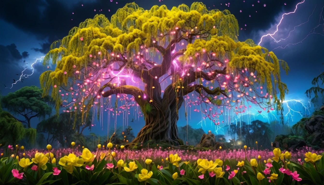 masterpiece, soft lighting, realistic, high quality, forest, huge willow tree, blooming yellow pink flowers, glowneon, sparks, lightning, glowing, spring flowers, bubble, birds, lush of jungle, leafs, clouds