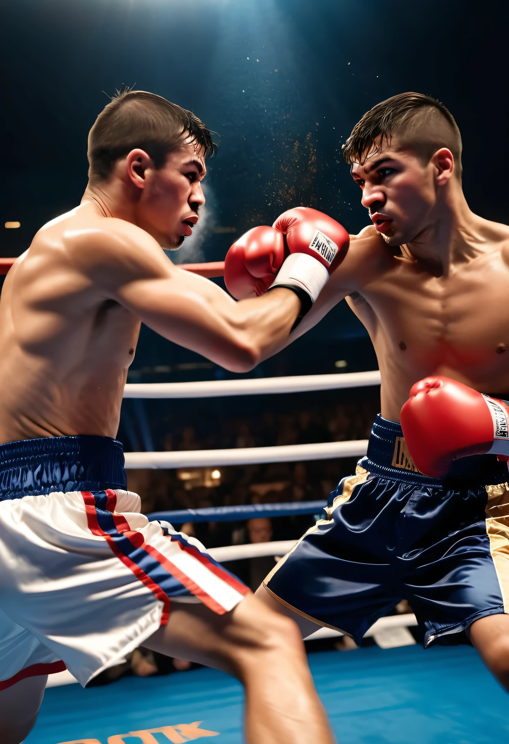 Close-up photo of boxers during a boxing match,The moment of the final punch,Show movement with motion blur,fighting spirit,Looking straight at me,It approached at a tremendous speed,Expressing a sense of speed,Apply motion blur to the eyes,The photo was blurred because of fast movement,Awesome,The viewers will be punched from now on,It gives the viewer a sense of despair and fear.,The audience can&#39;t escape,Dark Background,Blurred Background,flash