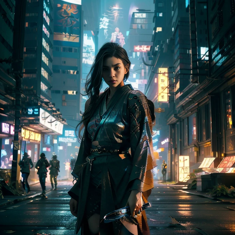 highest quality、Super fine、Realistic、A young and very beautiful woman、Beautiful detailed eyes、Beautiful detailed lips、cyberpunk、huge breasts、(Holographic kimono:1.4)、((Mecha、Armament、knife、Cyberpunk city girl:1.37))、neon、Street graffiti、Night view、Mysterious atmosphere、High-tech gadgets、Vibrant colors、 Glowing Effects、Urban decline、skyscraper、Bustling Crowd、Urban fashion、Sleek and futuristic design、Technological advances、Edgy hairstyles、Dark Alley、Electronic Music、Energy Beam、A strong and confident posture、Cool and confident look、詳細なMechaアーマー、Cowboy Shot、Samurai girl
