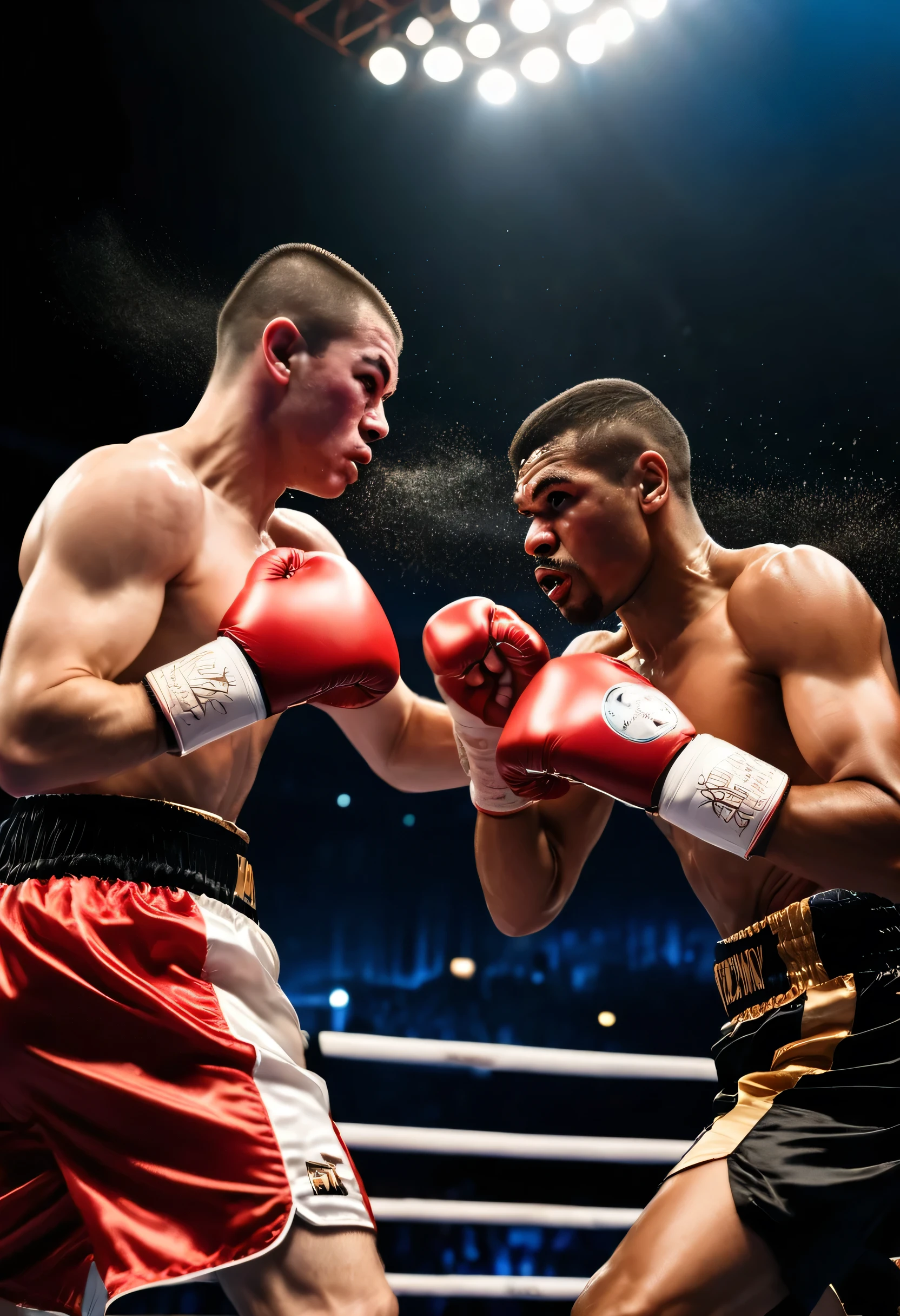 Close-up photo of boxers during a boxing match,The moment of the final punch,Show movement with motion blur,fighting spirit,Looking straight at me,It approached at a tremendous speed,Expressing a sense of speed,Apply motion blur to the eyes,The photo was blurred because of fast movement,Awesome,The viewers will be punched from now on,It gives the viewer a sense of despair and fear.,The audience can&#39;t escape,Dark Background,Blurred Background,flash