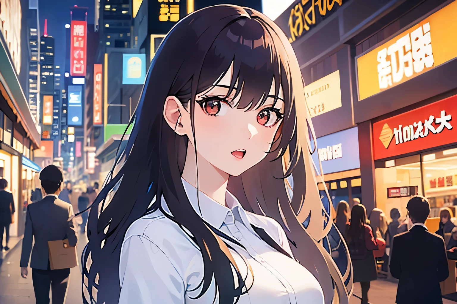 Upper Body, Realistic, real person, (pale skin: 1.2), RAW photo, photorealistic, portrait photography, shiny skin, shiny hair、(A 25-year-old woman with medium-length hair and bangs) and (wavy hair) and (brown hair) and (orange eyes) , (Gray business suit) and (White shirt） 、surprised, open mouth, The background is a shopping street at night、Alone、Are standing