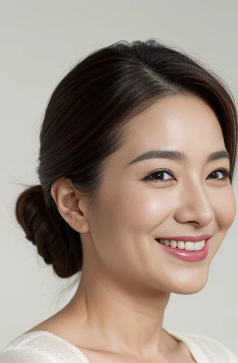 Masseter Film, highest quality, masterpiece, High resolution, realism, Original photo, 8k wallpaper, perfection, Professional Lighting, Very detailed, Written boundary depth, ((Beautiful woman)), ((40-year-old woman)),, ((A kind smile)), Detailed face, Beautiful Eyes,, (Thick lips), A photo of your face,Put your hair up to show your nape