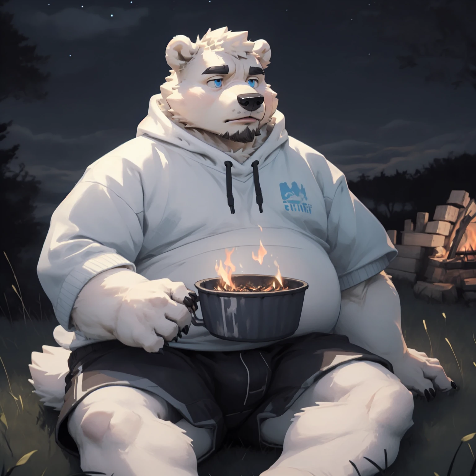 New Jersey 5 Furry,polar bear,portrait,Unique,Exquisite, Chubby,Fat,Thick arms,Rugged muscles,White plush fur,Chubby脸,Black eyebrows,Sky blue eyes,Beard,night,on the grass,bonfire,sit down,White sweatshirt,shorts,loneliness,Pursed lips,unhappy