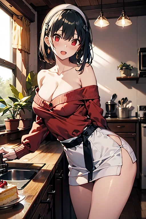 masterpiece, yor, 1girl, Amazing Cleavage:1.3, thin waist, big ass, Raised sexy, medium breast: 1.8 posed cleavage:1.2、solo, looking at viewer, open mouth, have a cup of coffee,black hair, red eyes, dress, bare shoulders, jewelry, collarbone, sidelocks, hairband, earrings, indoors, off shoulder, :o, sweater, arms behind back, plant, short hair with long locks, white hairband, off-shoulder dress, sweater dress, off-shoulder sweater, red sweater, big side hair, very long side hair,is rendered in (masterpiece: 1.2, best quality), with (ultra high resolution) and an exquisite (depth of field). This masterpiece is not only visually stunning but also tells, make of cake cooking ,in the kitchen