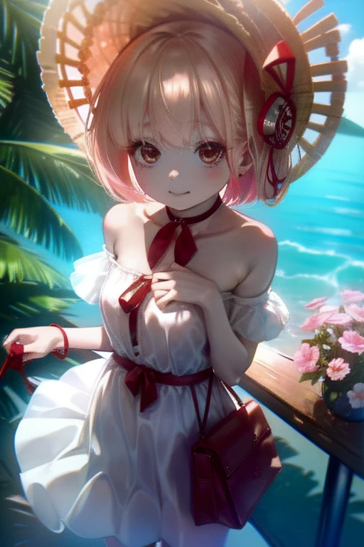 chisatonishikigi, nishikigi chisato,Long Hair , bangs, Blonde, (Red eyes:1.5), ,smile,blush,Open your mouth,Big straw hat,Off-the-shoulder dress,Long skirt,Bare neck,Exposing shoulders,bare clavicle,Grab the skirt with both hands and lift it up,barefoot,Beachの砂浜を散歩しながら,blonde hair swaying in the wind, real summer,Light of the sun,
break outdoors,Beach ,
break looking at viewer, (Cowboy Shot:1.5),
break (masterpiece:1.2), highest quality, High resolution, unity 8k wallpaper, (shape:0.8), (Fine and beautiful eyes:1.6), Highly detailed face, Perfect lighting, Highly detailed CG, (Perfect hands, Perfect Anatomy),