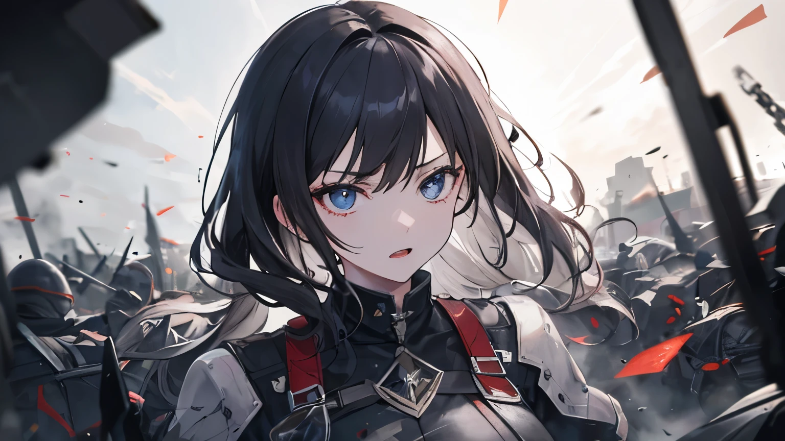 ((highest quality)), ((masterpiece)), (detailed), Perfect Face,1girl,the battlefield was enveloped in a scene of chaotic and fierce fighting