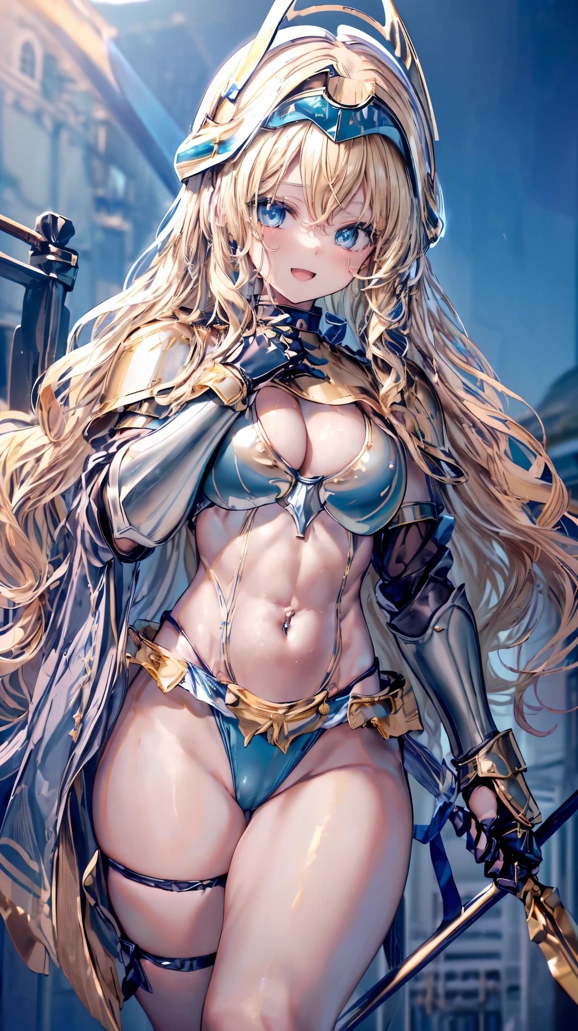 Very detailed、highest quality、(Best image quality:1.5)、(masterpiece:1.5)、8k、Anime Face、A kind smile、Open Mouth、(Beautiful bright blue eyes:1.5)、(Blonde wavy hair:1.5)、Muscles of the whole body、(Thigh belt:1.3)、(Wearing gold bikini armor:1.5)、(Cowboy Shot:1.6)、(Wearing a helmet:1.5)、(Holding a spear:1.5)、Warm lighting