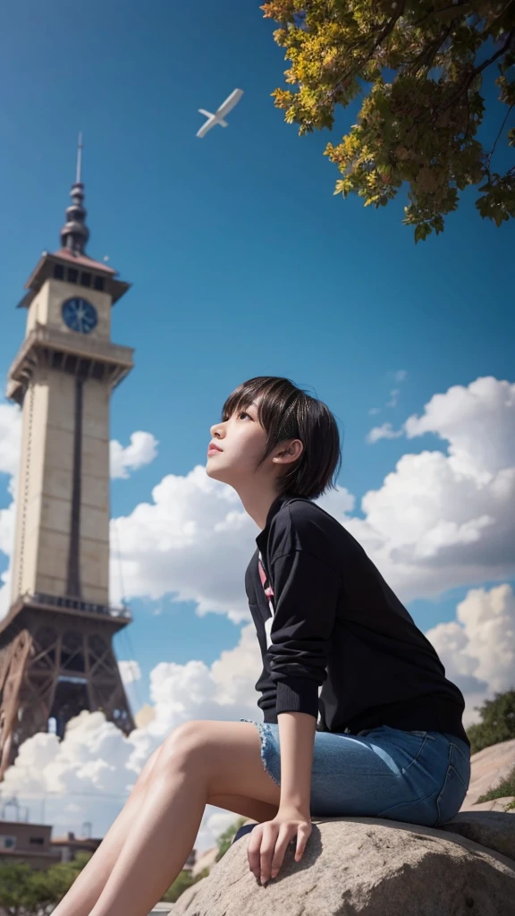Anime girl sitting on a rock looking at the sky,A tower piercing the sky in the distance, makoto shinkai cyril rolando, anime art wallpaper 4k, anime art wallpaper 4k, Cyril Rolland and Goro Fujita, anime art wallpaper 8k, 4k anime wallpaper, anime wallpaper 4k, anime wallpaper 4k, ( ( makoto shinkai ) ), makoto shinkai!
