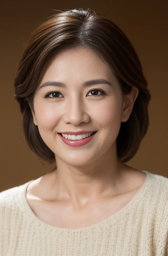Masseter Film, highest quality, masterpiece, High resolution, realism, Original photo, 8k wallpaper, perfection, Professional Lighting, Very detailed, Written boundary depth, ((Beautiful woman)), ((40-year-old woman)),,  ((smile)), Detailed face, Beautiful Eyes,, (Thick lips), A photo of your face,Wear your hair up to show off your neck