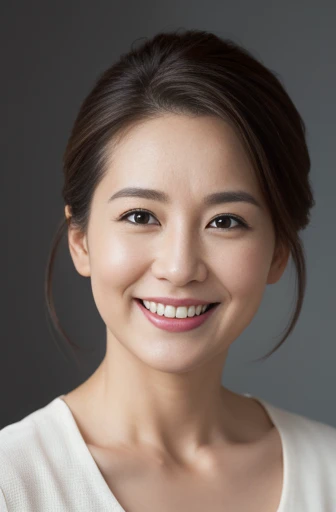 Masseter Film, highest quality, masterpiece, High resolution, realism, Original photo, 8k wallpaper, perfection, Professional Lighting, Very detailed, Written boundary depth, ((Beautiful woman)), ((40-year-old woman)),, ((smile)), Detailed face, Beautiful Eyes,, (Thick lips), A photo of your face,Wear your hair up to show off your neck