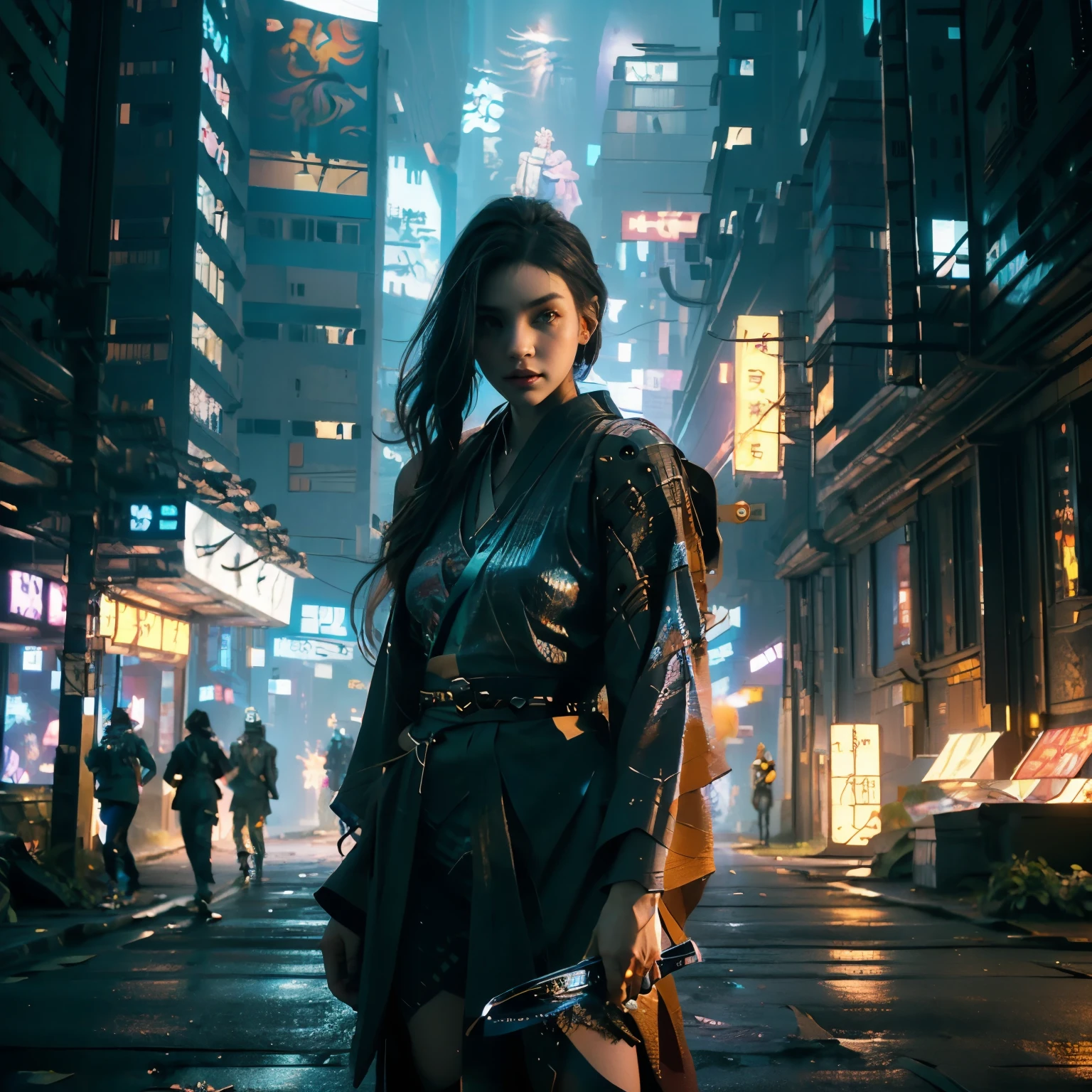 highest quality、Super fine、Realistic、A young and very beautiful woman、Beautiful detailed eyes、Beautiful detailed lips、cyberpunk、huge breasts、(Holographic kimono:1.4)、((Mecha、Armament、knife、Cyberpunk city girl:1.37))、neon、Street graffiti、Night view、Mysterious atmosphere、High-tech gadgets、Vibrant colors、 Glowing Effects、Urban decline、skyscraper、Bustling Crowd、Urban fashion、Sleek and futuristic design、Technological advances、Edgy hairstyles、Dark Alley、Electronic Music、Energy Beam、A strong and confident posture、Cool and confident look、詳細なMechaアーマー、Cowboy Shot、Samurai girl