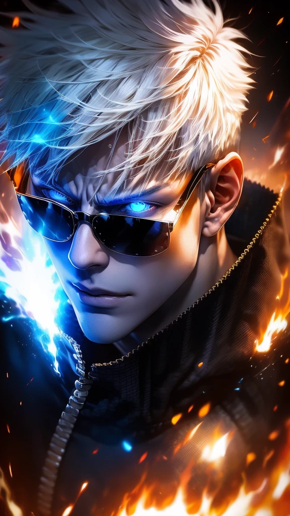 A Concept art dashing portrait of 'GOJO' from 'JUJUTSU KAISEN' anime, imposing in dashing Hero,, white hair, blue eyes, VFX art, in ('ACTION FORM'), wearing sunglasses , Dashing Stance, anime version, realism style, fire particle effects, bluish theme, DOPE OMINOUS BACKGROUND,, HDR RESOLUTION, 8K